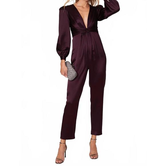 NEW MAC DUGGAL front twist puff sleeve deep v neck jumpsuit in plum